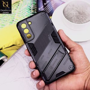 Samsung Galaxy S21 FE 5G Cover - Black - O Nation Hybrid Series Soft Borders Semi Hard Back Shock Proof Bumper Kick Stand Case With Camera Protection