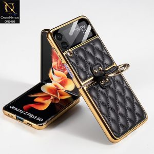 Samsung Galaxy Z Flip 4 5G Cover - Black - Woven Leather Pattern Electroplated Edges Hard Case With Ring Holder