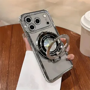 Luxury Diamond Rhinestones Color Electroplating Borders Magsafe Magnetic Stand Holder Soft Clear Case phonecover.pk