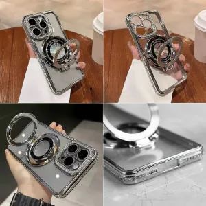 Luxury Diamond Rhinestones Color Electroplating Borders Magsafe Magnetic Stand Holder Soft Clear Case With Camera Protection